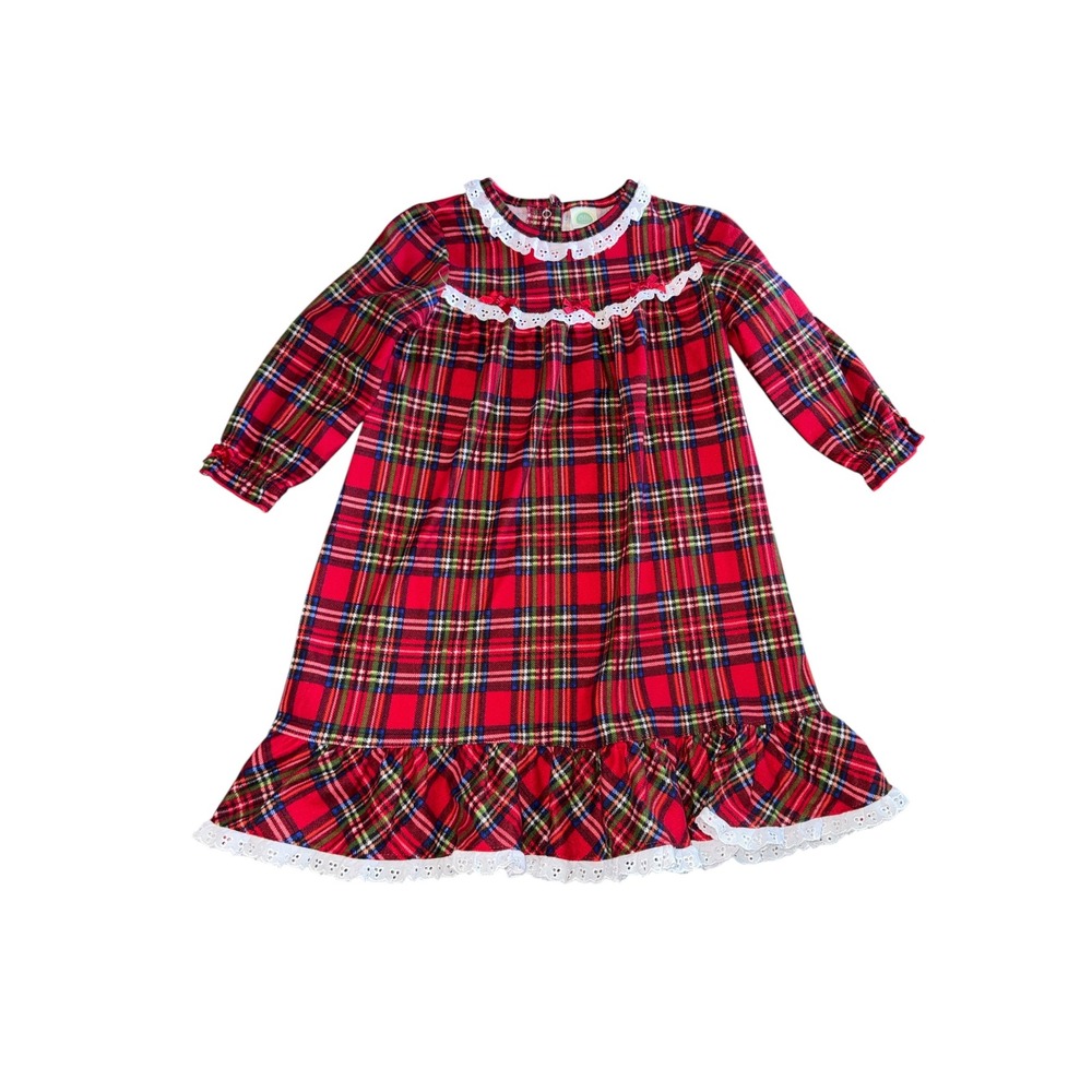 Little Me Red Plaid Christmas Nightgown Girls 2T Tartan Lace Trim Holiday